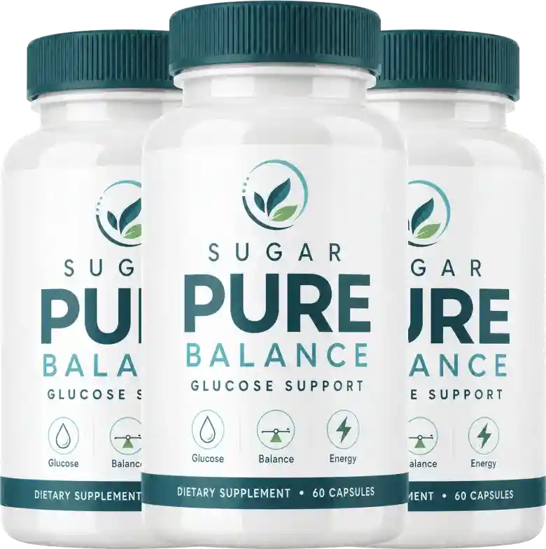 Sugar Pure Balance Glucose Support Supplement &mdash; white bottle with dark teal cap showing Sugar Pure Balance label with Glucose Balance Energy claims, 60 capsules dietary supplement, BHB mineral blend
